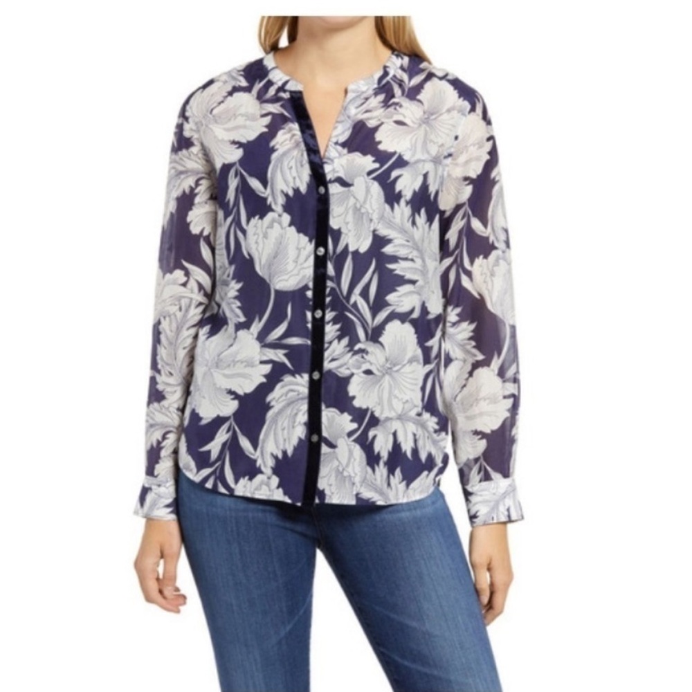 Tommy Bahama Silk Baroque Blooms Floral Shirt Island‎ Navy Velvet Placket XL